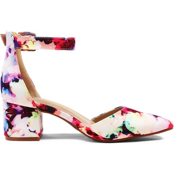 Pointed Toe Low Chunky Block Heels Pump  Floral comfort  Shoes Adjustable Buckle - Picture 3 of 8